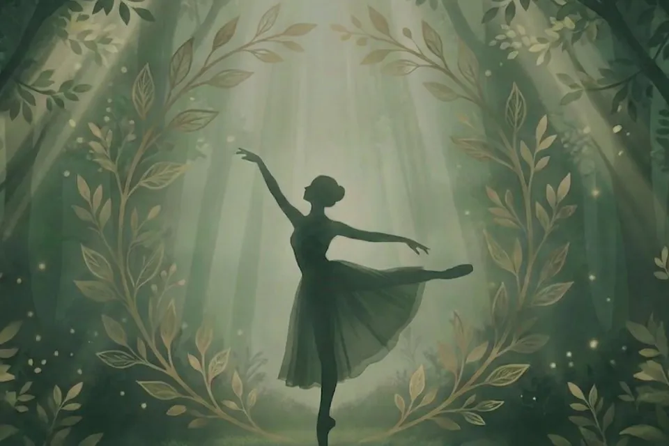 森の中で踊るバレリーナのシルエットのイラスト